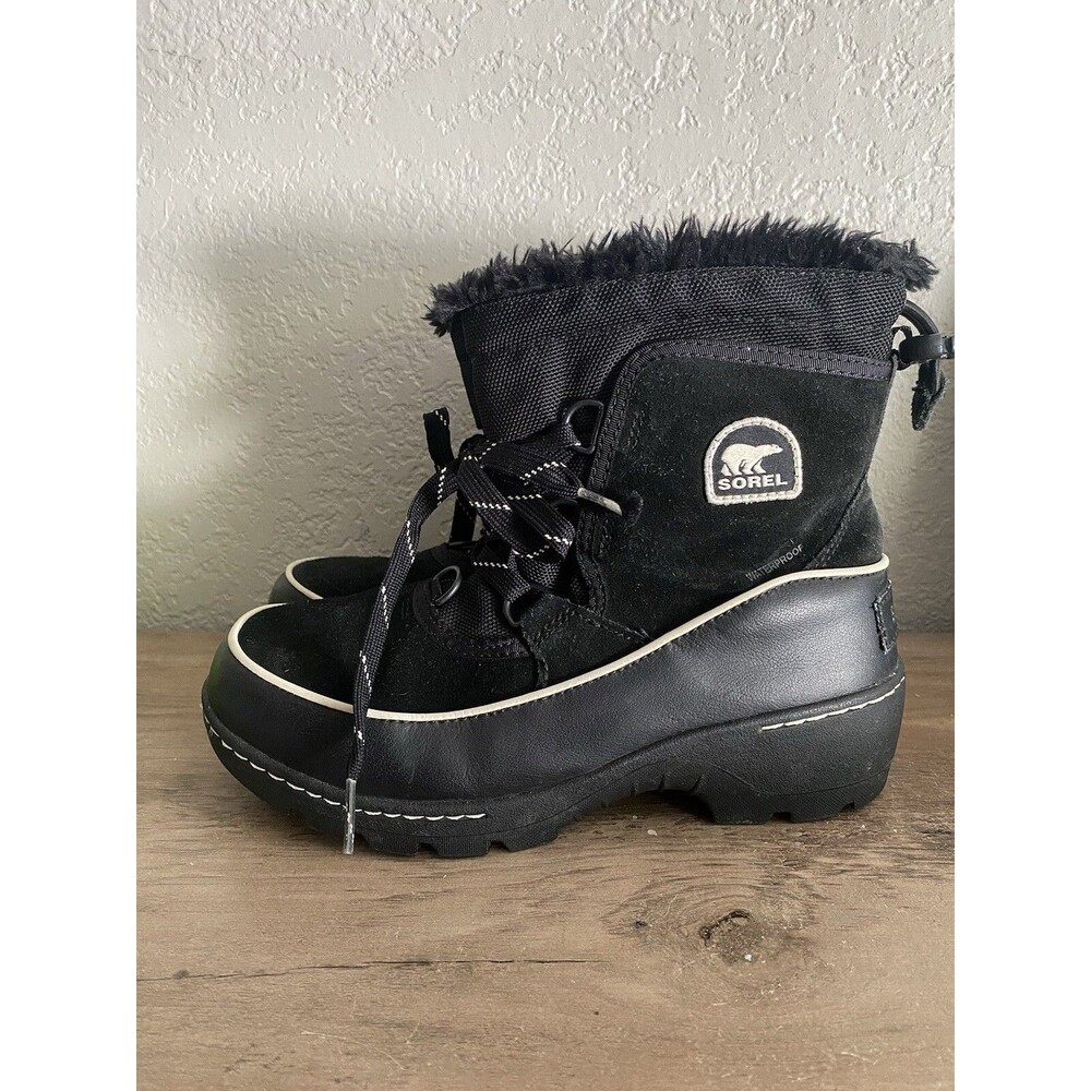 Sorel Tivoli Boots Womens Sz 6 Youth 4 Black Waterproof Leather Fur Lining